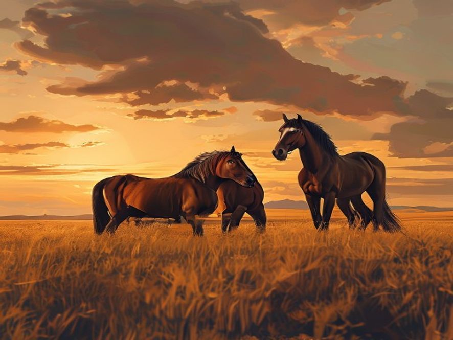 A cinematic and photorealistic 8k image of two Mongolian horses standing on the vast, golden grasslands of Mongolia under a wide, dramatic sunset sky, symbolizing a deep diplomatic bond and strategic partnership between nations, captured with professional photography quality.