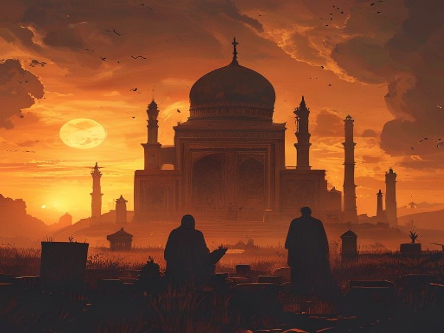 A cinematic, photorealistic 8k image depicting the contrasting symbols of Iranian leadership a humble, accessible grave of a revolutionary figure set against the silhouette of a grand, goldendomed mausoleum under a dramatic sunset, symbolizing the shift from populist ideology to divine political authority, with intricate architectural details and a somber, thoughtprovoking atmosphere.