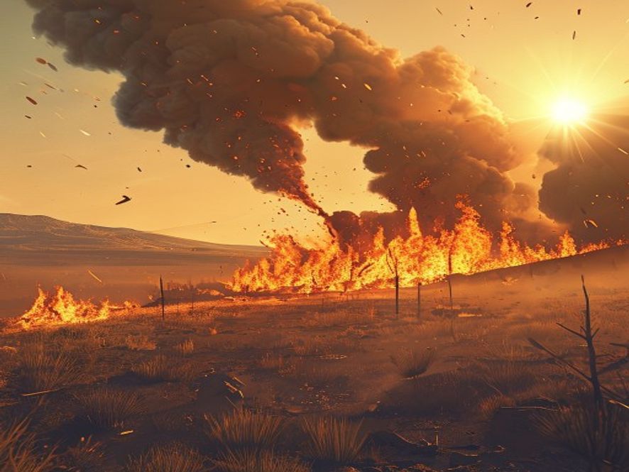 A wideangle cinematic shot of a catastrophic wildfire ravaging the dry, parched landscape of southern Spain under a scorching sun, with thick smoke clouds filling the horizon and embers flying in the air, captured in highdetail photorealistic style, 8k resolution.