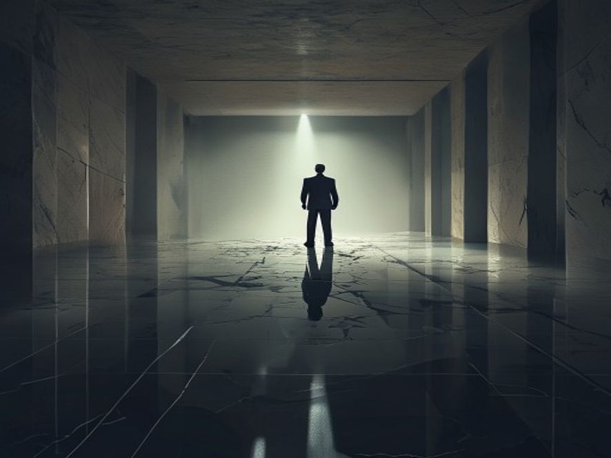 A cinematic, photorealistic 8k image of a lone, determined politician standing in a minimalist, dimly lit hall with a fractured marble floor, symbolizing a shifting political landscape, dramatic sidelighting casting deep shadows to emphasize tension and power struggle, professional photography style.