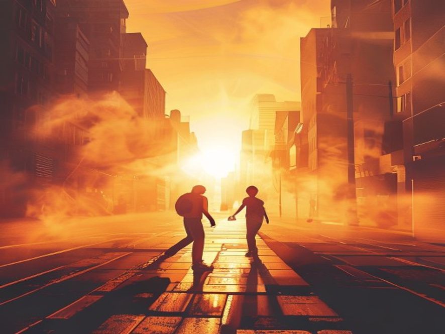 A cinematic and photorealistic 8k image showing a person struggling under the scorching sun in a heatwavestricken city, with shimmering heat haze distortion rising from the pavement, capturing an intense atmosphere of survival and extreme summer heat.