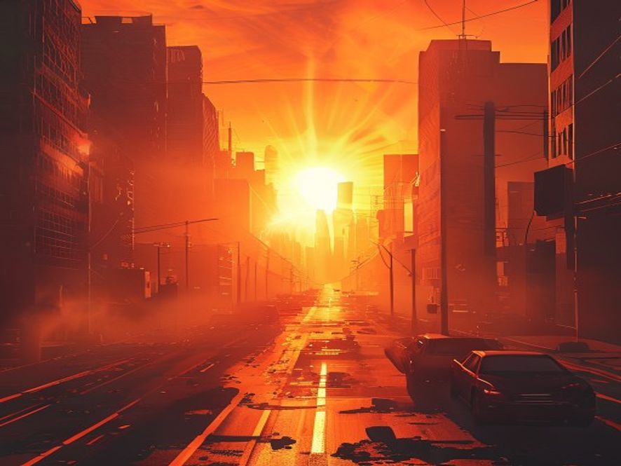 Cinematic, photorealistic 8k image of a scorching, desolate city street in Pohang under an intense, shimmering heat haze with distorted air and vibrant, oppressive sun glare, symbolizing a severe climate disaster, high detail.