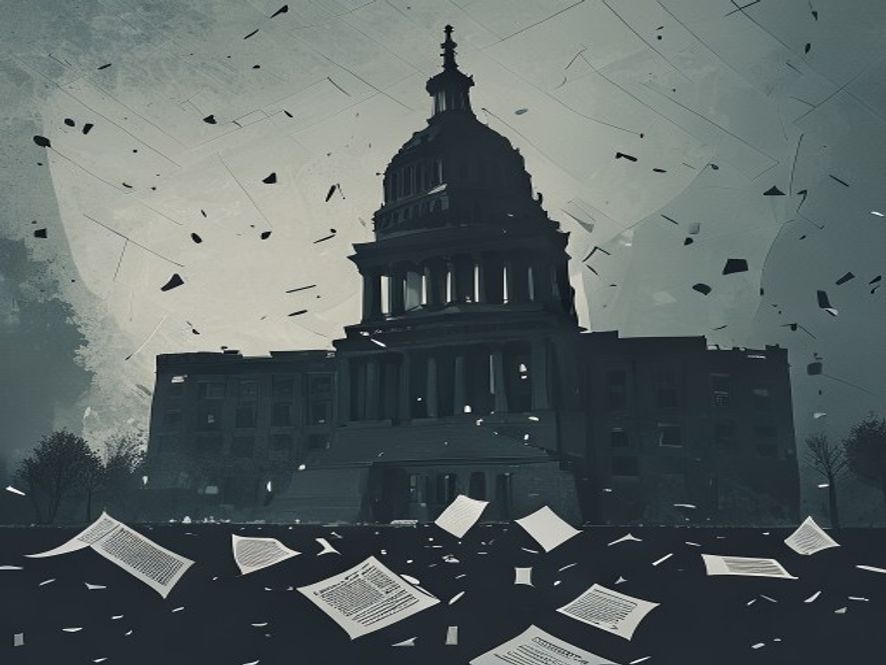 A cinematic, photorealistic 8k image of a shadowy, imposing government building silhouette cast against a cold, grey administrative landscape, symbolizing corruption and the privatization of local power with documents and contracts scattering in the wind, dramatic lighting, high contrast.