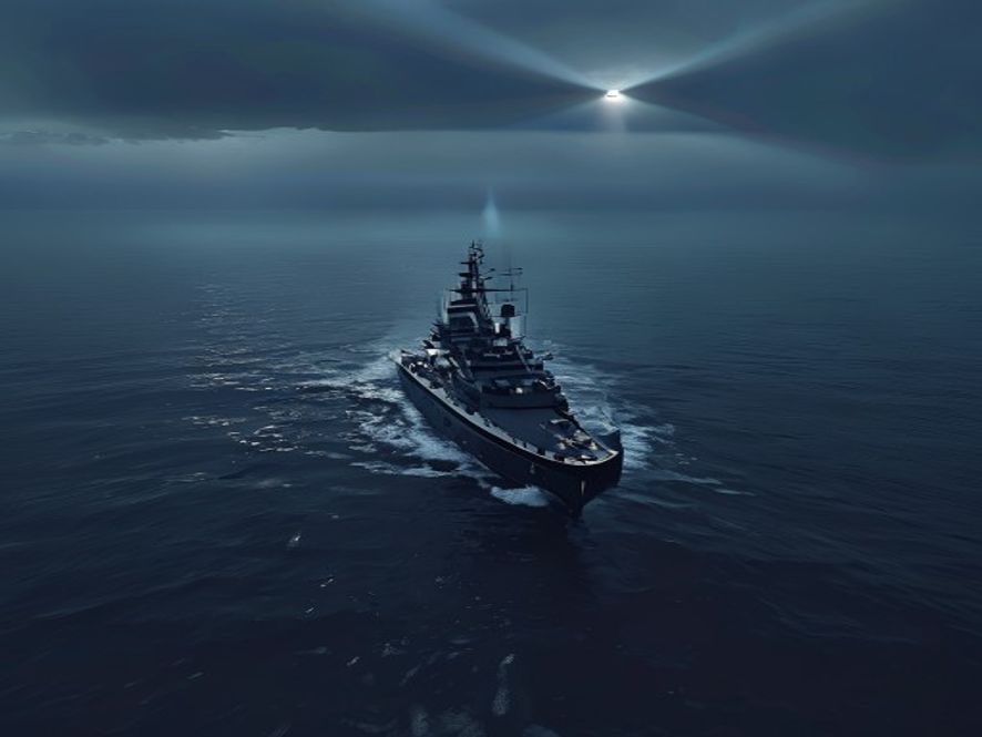 A cinematic and photorealistic 8k image of a modern ROK Navy frigate patrolling the vast, misty waters off the coast of Gangwon province at twilight, capturing a somber and tense atmosphere with searchlight beams piercing through the dark, moody sea, emphasizing the heavy weight of national security and the vulnerability of soldiers in extreme maritime conditions.