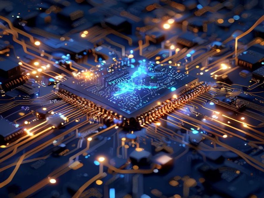 A cinematic, photorealistic 8k image of glowing, intricate semiconductor microchip architecture merging with a digital AI neural network, symbolizing national investment and future technological prosperity, lit with a sophisticated gold and cool blue light, high detail.