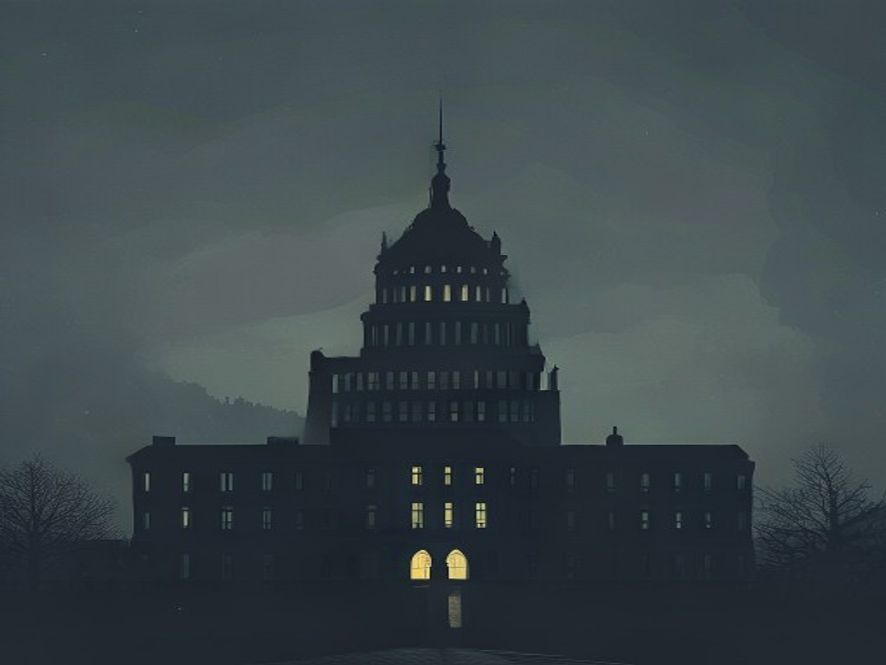 A moody, cinematic, and photorealistic shot of a solitary, imposing government building silhouetted against a cold, grey dusk sky, symbolizing the weight of political corruption and the dark shadows of local power, captured in highdetail 8k resolution.