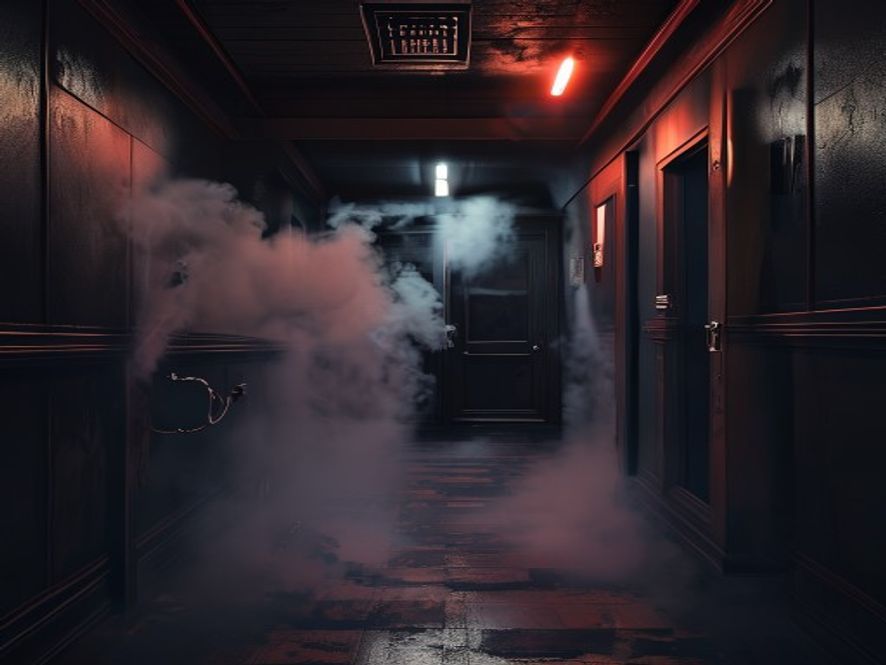 A cinematic and photorealistic 8k image capturing the somber aftermath of a nightclub fire, focusing on a dark, smokefilled hallway leading to a closed restroom door, emphasizing the deadly danger of toxic smoke and the urgent need for emergency escape awareness, dramatic lighting, high tension, professional photography style.