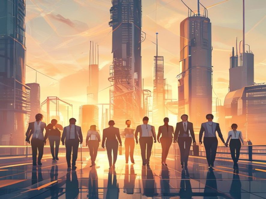 A cinematic and photorealistic 8k image showing a group of diverse young professionals confidently walking into a futuristic, hightech industrial complex representing clean energy, advanced robotics, and data infrastructure, with warm sunlight illuminating a modern cityscape, symbolizing hope and national economic growth.