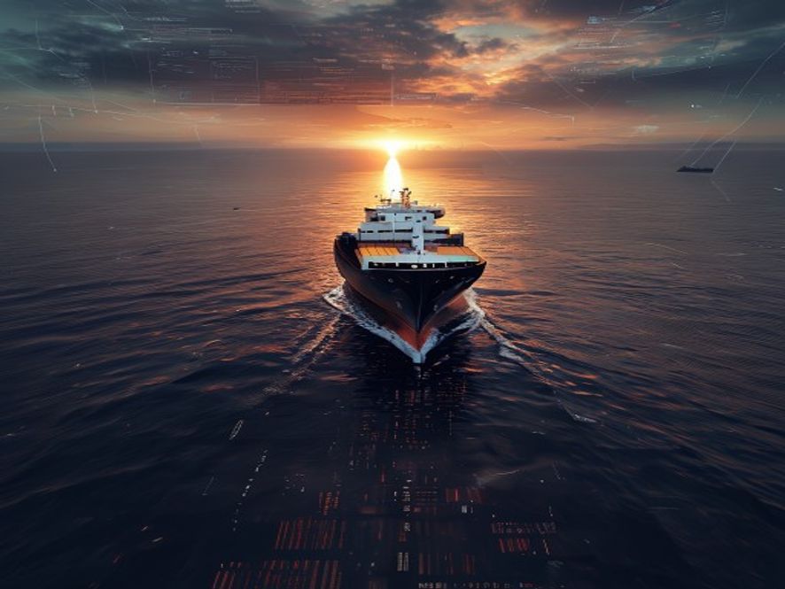 Cinematic, photorealistic 8k image of a colossal cargo ship navigating the dark, strategic waters of the Strait of Hormuz under a dramatic sunset, with a subtle overlay of digital financial data and invoices floating in the atmosphere to represent the burden of new maritime transit tariffs, capturing a tense and transformative global economic atmosphere.