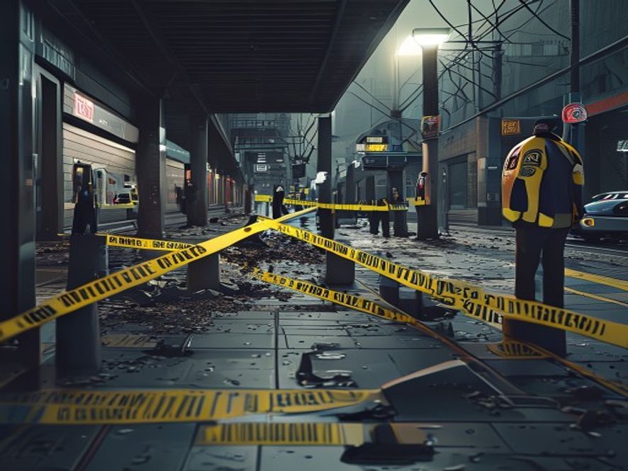 A cinematic and photorealistic 8k image showing a chaotic urban street scene near a metro station with police tape, emergency sirens in the background, and damaged bollards on a sidewalk, emphasizing a somber and tense atmosphere of a city struggling with pedestrian safety.