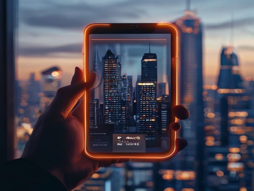 A cinematic, photorealistic 8k image of a glowing digital smartphone screen displaying a realtime Yes or No poll on luxury real estate tax reform, held by a person in a modern urban office, with a blurry background of a highrise city skyline representing the complex housing market, capturing a tense and thoughtful atmosphere.