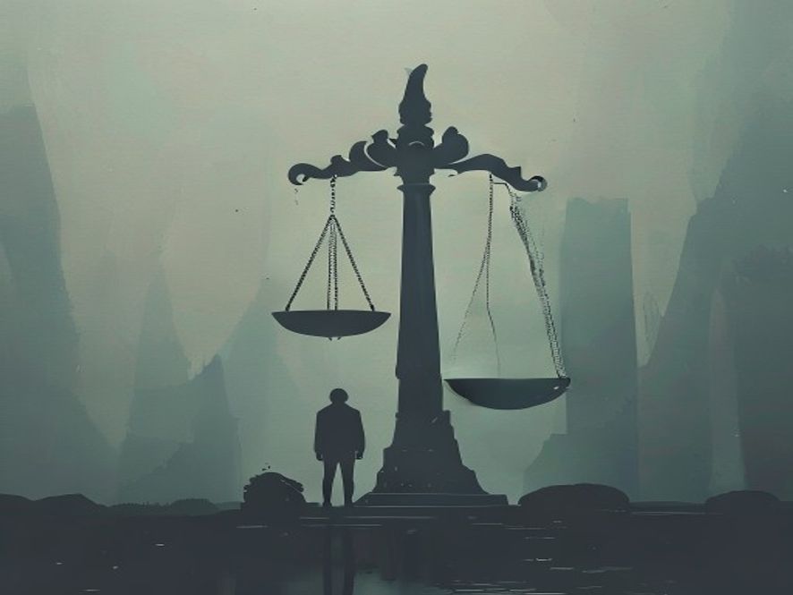 A cinematic, photorealistic 8k image featuring a lonely, blurred silhouette of a person standing before a towering, cold scale of justice made of heavy steel, symbolizing the conflict between rigid law and the vulnerability of the disabled, soft melancholic lighting, dramatic atmosphere.