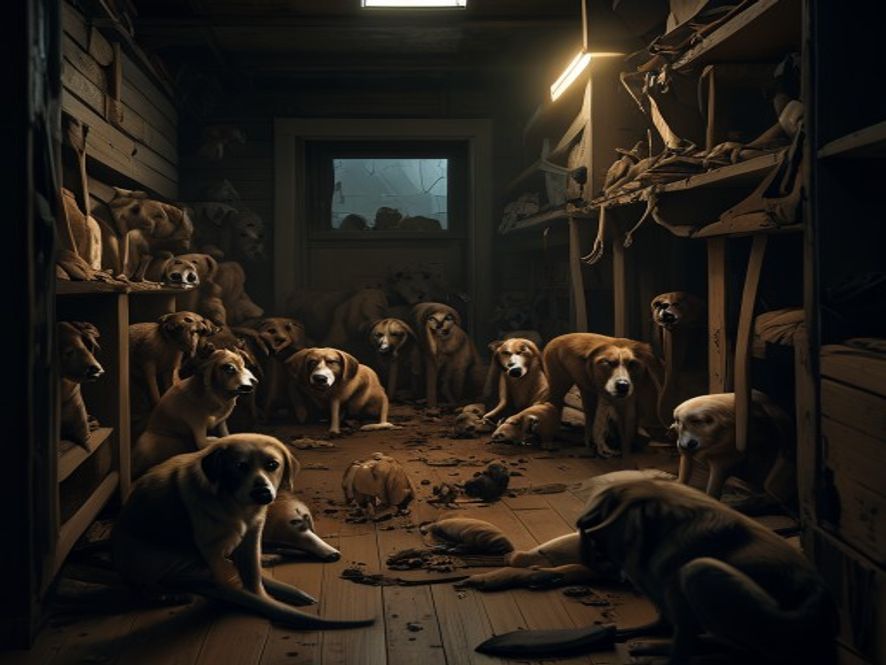 A cinematic and photorealistic 8k image depicting the somber reality of animal hoarding, featuring a dimly lit, confined space filled with neglected and weary dogs, capturing a poignant atmosphere of social tragedy and the urgent need for ethical animal welfare, dramatic lighting, high detail.