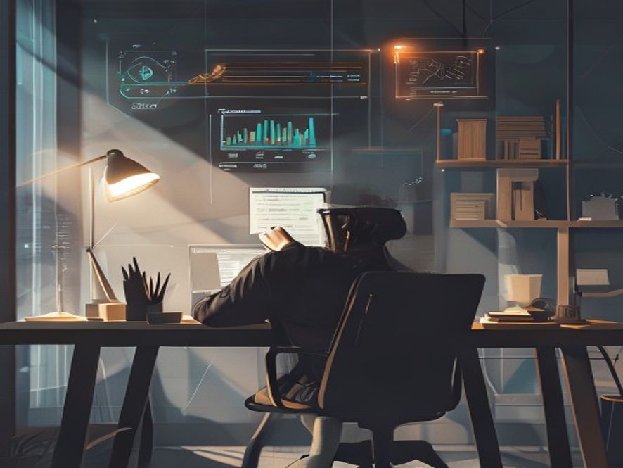 A cinematic, photorealistic 8k image showing a person contemplating their personal finances and rising cost of living at a modern desk, surrounded by subtle digital indicators of wage growth and inflation, professional lighting, shallow depth of field, sophisticated economic atmosphere.