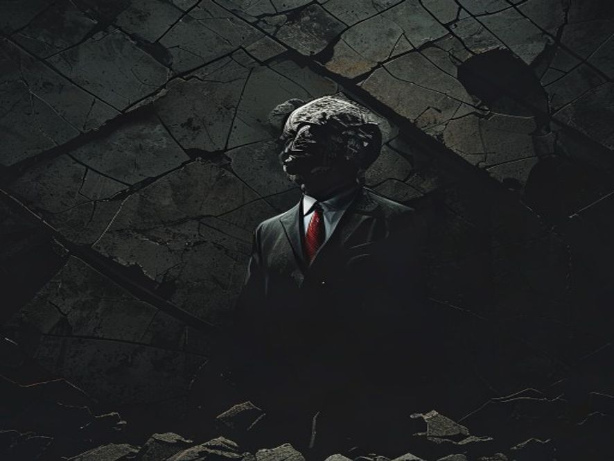 A cinematic, photorealistic 8k image featuring a lonely, weathered stone statue of a politician standing amidst a fractured and chaotic dark political arena, symbolizing the erosion of discourse and the weight of extreme rhetoric, with dramatic lighting casting deep shadows to reflect tension and deep societal conflict.