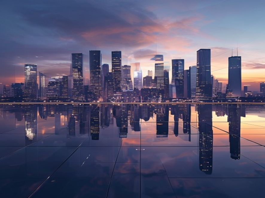 A cinematic, photorealistic 8k image of a vast, modern corporate skyline at twilight reflecting on a glass surface, symbolizing complex international trade relations and longterm diplomatic strategy, with a subtle, professional atmosphere of global business tension and structural challenges.