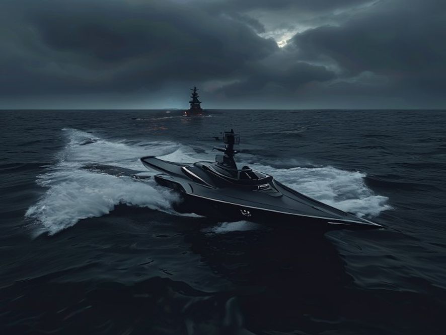 A cinematic, photorealistic 8k image of a sleek, stealthy unmanned surface vessel cutting through the dark, turbulent waters of the Black Sea at dawn, with a burning Russian warship silhouette looming in the distant background under a moody, tense sky, capturing the shift in modern naval warfare.