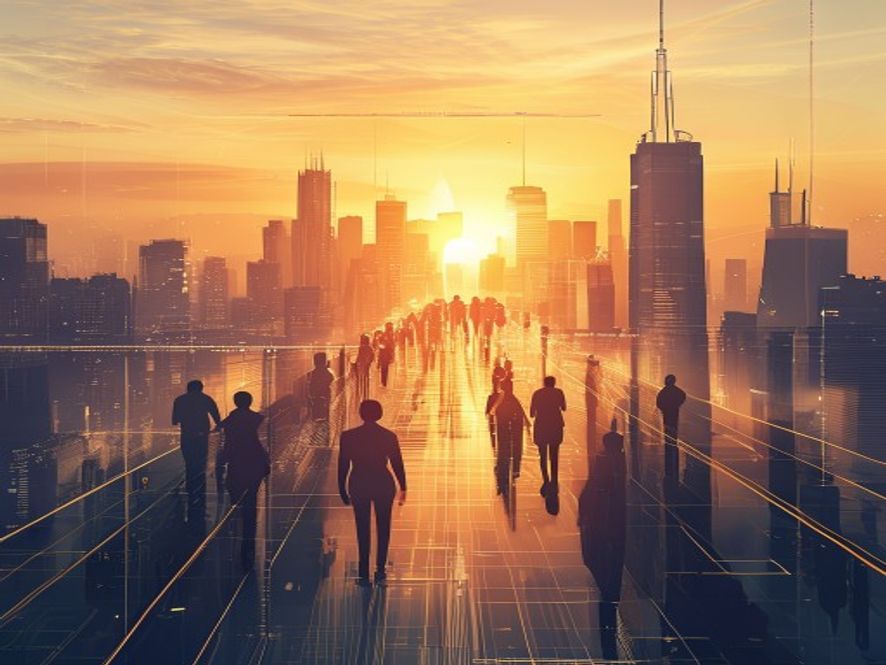 A photorealistic, cinematic 8k image of a futuristic and prosperous Seoul cityscape under a golden sunset, featuring a sleek, transparent digital blueprint of national infrastructure and human silhouettes representing diverse generations, symbolizing structural reform and sustainable growth, highly detailed, atmospheric lighting.