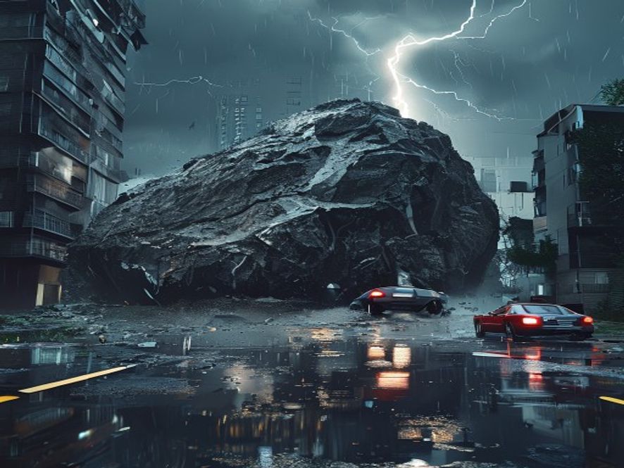 A cinematic and photorealistic 8k image showing a massive boulder that has fallen onto a street in front of an apartment complex during a heavy rainstorm, with dramatic lightning, wet asphalt, and damaged vehicles under a dark, gloomy atmosphere, capturing the intensity of a climatedriven natural disaster.