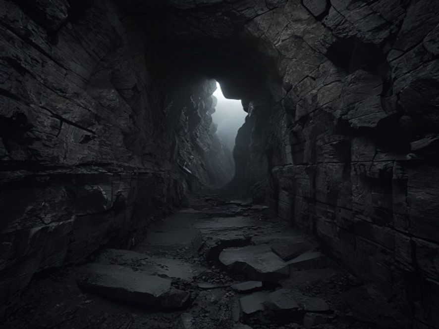A cinematic and photorealistic 8k wide shot capturing the somber and heavy atmosphere of the Sado Mine, featuring deep dark tunnels contrasting with a faint, symbolic light of historical truth, surrounded by weathered rock walls that represent the forgotten scars of forced labor, shot with a professional documentary aesthetic.