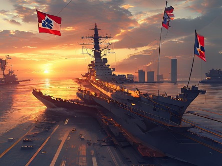 Cinematic, photorealistic 8k image of a colossal, modern naval warship under construction at a massive South Korean shipyard, featuring a golden sunset horizon and flags of the US and South Korea waving sidebyside to symbolize a strategic defense partnership, dramatic lighting, highly detailed industrial atmosphere.