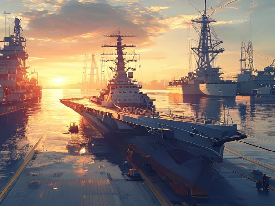 A cinematic and photorealistic 8k image featuring a massive, modern US Navy warship docked at a hightech South Korean shipyard, with golden hour sunlight highlighting industrial cranes and advanced maritime technology, symbolizing a powerful strategic partnership and global naval expansion.