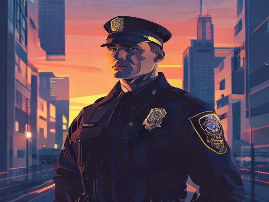A cinematic and photorealistic 8k image featuring a determined police officer standing in a modern, organized urban setting at dusk, symbolizing institutional reform, transparency, and the transition toward a fair and professional public service, captured with sharp focus and professional lighting.
