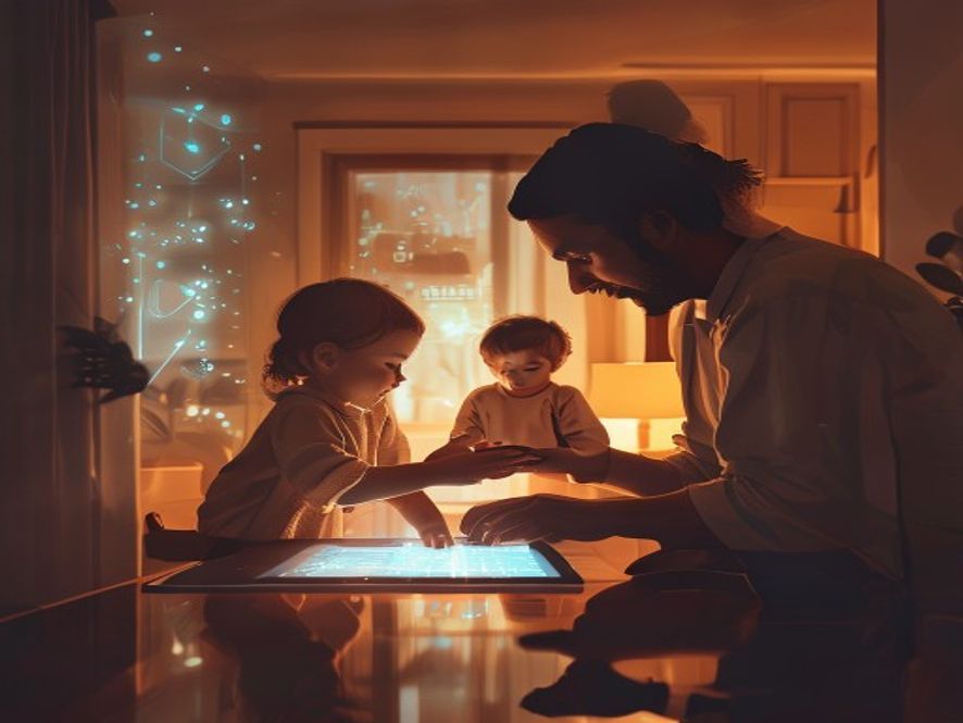 A cinematic and photorealistic 8k image of a caring parent gently guiding their young child as they explore a glowing digital interface on a tablet, symbolizing the protective role of a digital gatekeeper in a modern home environment, warm lighting, emotional connection, highly detailed.