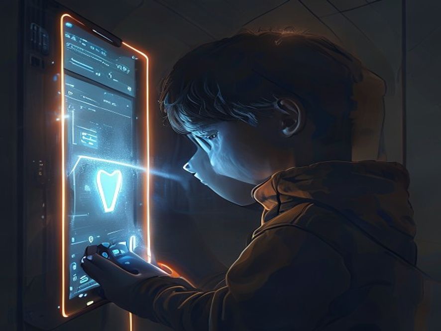 A cinematic and photorealistic 8k image of a young child looking at a glowing, locked digital interface on a smartphone screen, symbolizing strict parental controls and age restrictions, with a protective light barrier surrounding the device, dramatic shadows, and a modern, hightech atmosphere.