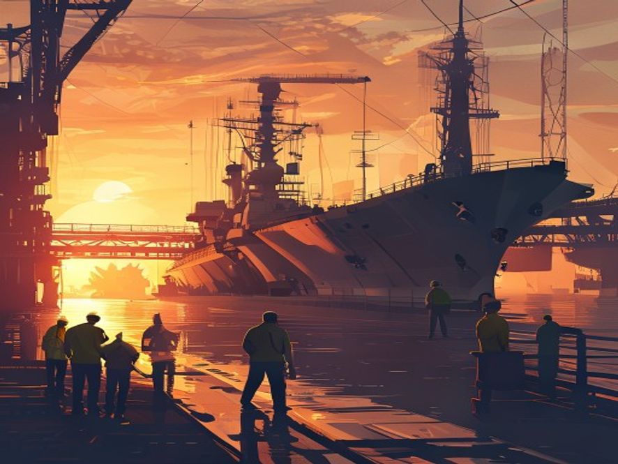 Cinematic, photorealistic 8k wide shot of a massive, modern naval warship under construction in a grand Philadelphia shipyard, featuring silhouettes of Hanwha engineers collaborating with American workers against a backdrop of industrial cranes and a golden hour sunset, capturing the powerful alliance of Korean shipbuilding technology and American defense infrastructure.