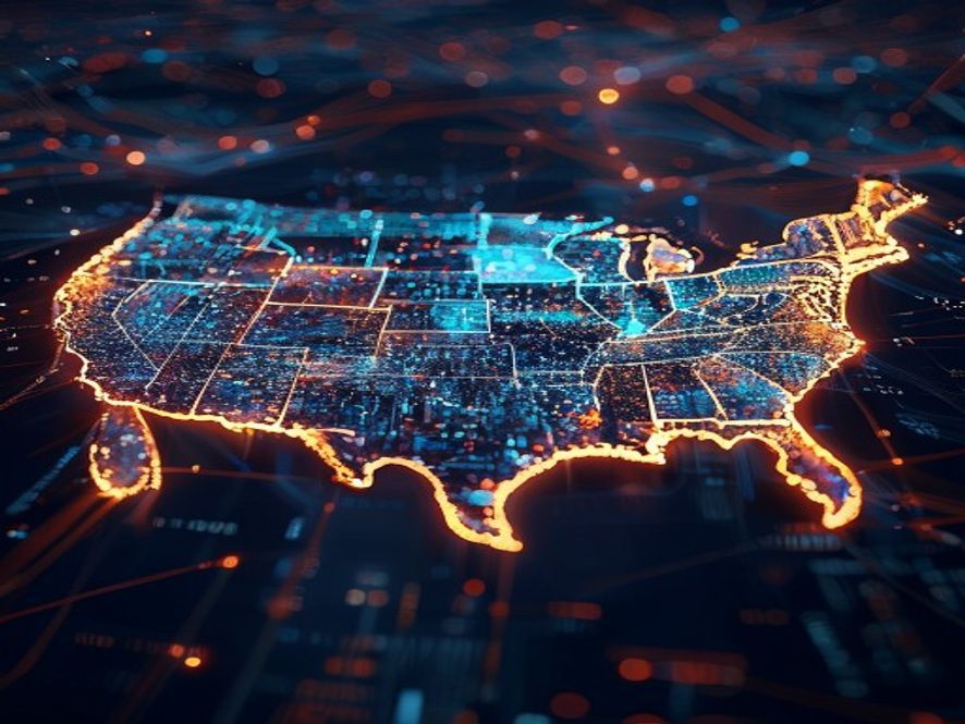 A cinematic and photorealistic 8k image of a glowing digital map of the United States dissolving into binary code and complex network nodes, symbolizing a massive cyber security breach and geopolitical data warfare, with a dark, hightech atmosphere and sharp focus on shimmering data streams.