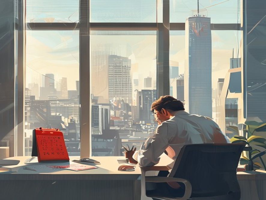 A cinematic, photorealistic 8k image of a tired office worker in a modern corporate office building looking out the window at a bustling city street on a bright July morning, with a redmarked calendar visible on their desk, capturing a sense of irony and confusion between a national holidays symbolic status and the reality of a workday.