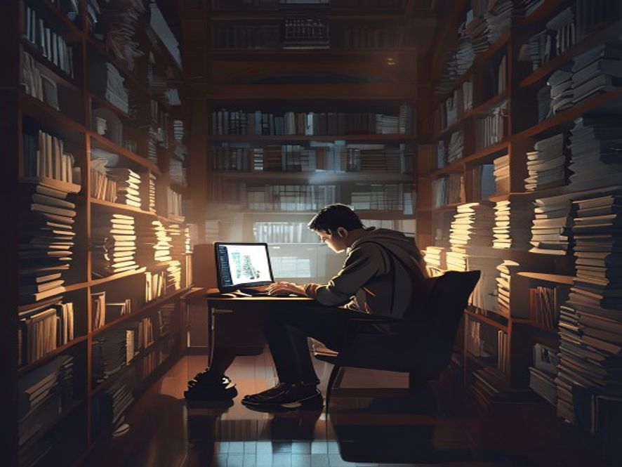A cinematic and photorealistic 8k image of a stressed international doctoral student sitting in a dimly lit, highend university library surrounded by stacks of heavy academic research papers and a glowing computer screen, capturing a sense of anxiety and uncertainty under the weight of looming visa policy restrictions.