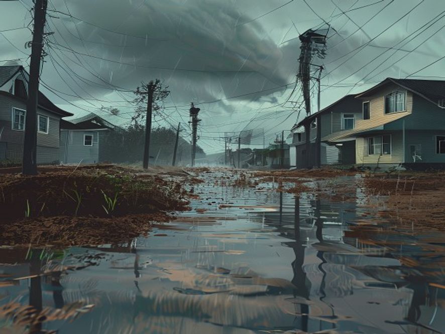 A cinematic and photorealistic 8k image of a torrential rainstorm hitting a vulnerable residential area with saturated soil and flooded streets, capturing a tense and urgent atmosphere of natural disaster preparedness, high detail.