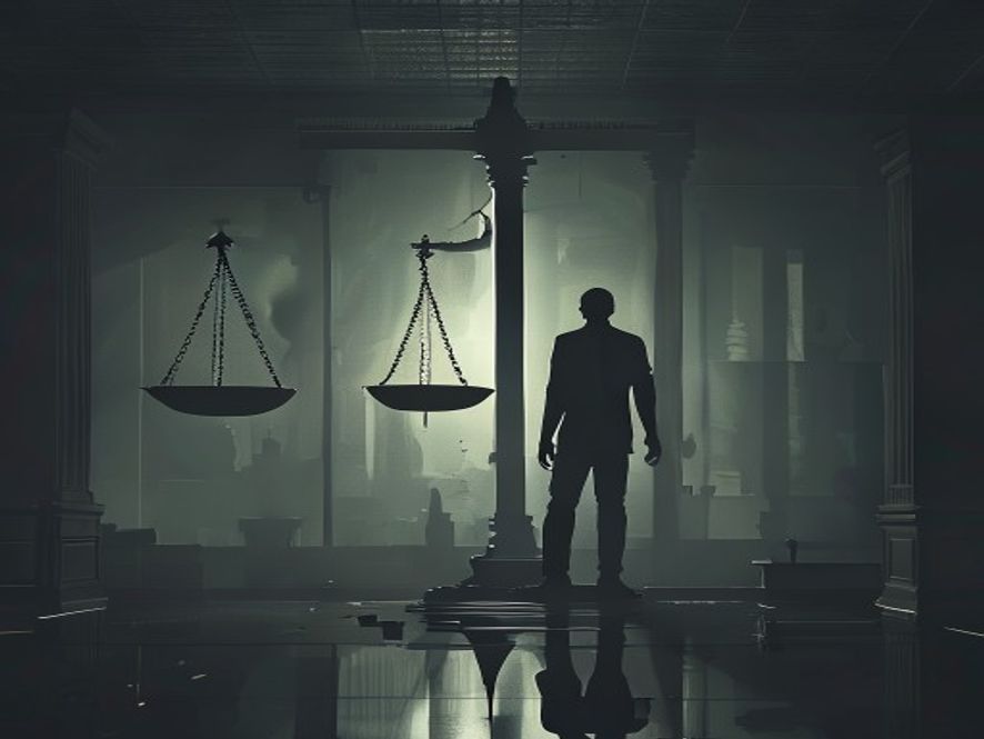A cinematic, photorealistic 8k image showing a silhouette of a person standing before a towering, imposing scales of justice that appears fractured and unstable, set against a dark, moody government office backdrop with soft dramatic lighting to emphasize the crisis of institutional integrity and shattered public trust.