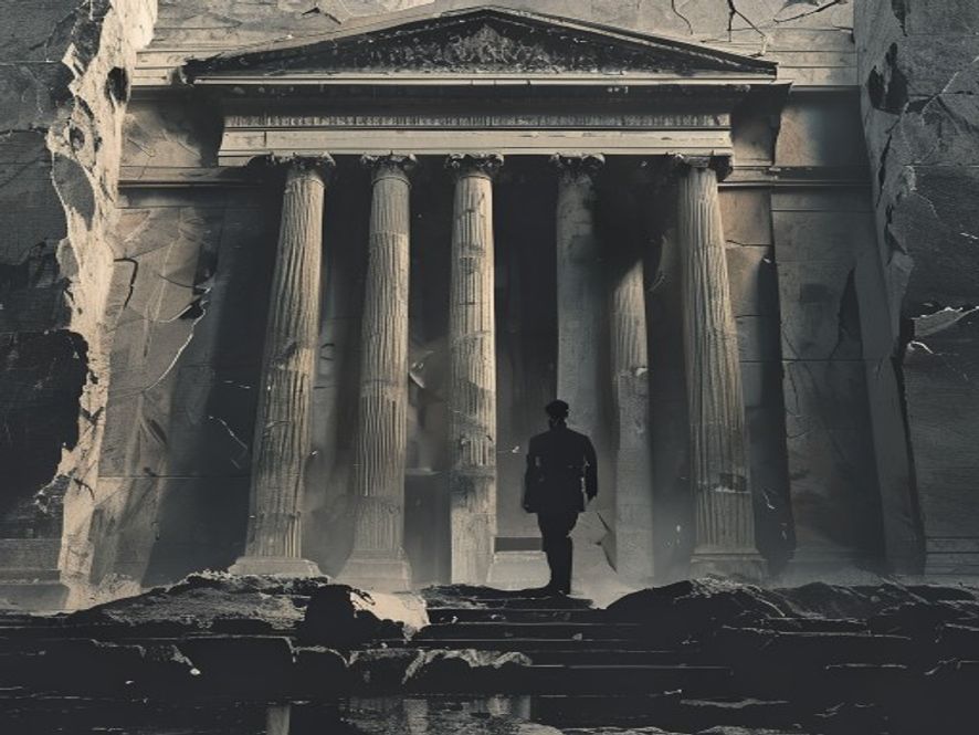 A cinematic, photorealistic 8k image featuring a lone, dark silhouette of an elite presidential guard standing amidst the cold, crumbling marble ruins of a classical government building, symbolizing the erosion of public systems and the privatization of power under a looming shadow, dramatic chiaroscuro lighting, heavy atmosphere of political tension.