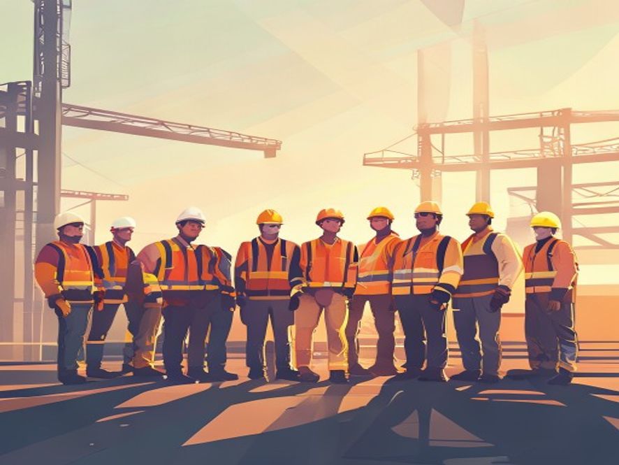 A cinematic and photorealistic 8k image featuring a diverse group of construction workers in safety gear standing together on a modern industrial site under a soft, hopeful light, symbolizing universal safety standards and corporate responsibility, with a subtle emphasis on global solidarity and inclusive labor ethics.
