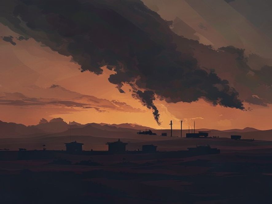 A cinematic and photorealistic 8k image featuring a tense, atmospheric landscape of a Middle Eastern desert at twilight with silhouetted military outposts under a dramatic, smokefilled sky, symbolizing global geopolitical instability and rising energy market uncertainty.