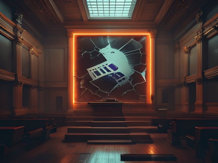 A dramatic, cinematic, and photorealistic shot of an empty, solemn National Assembly hall with a glowing, fractured photograph frame of the Republic of Korea Constitution on a podium, symbolizing historical conflict and political division, 8k resolution, moody lighting, high contrast.