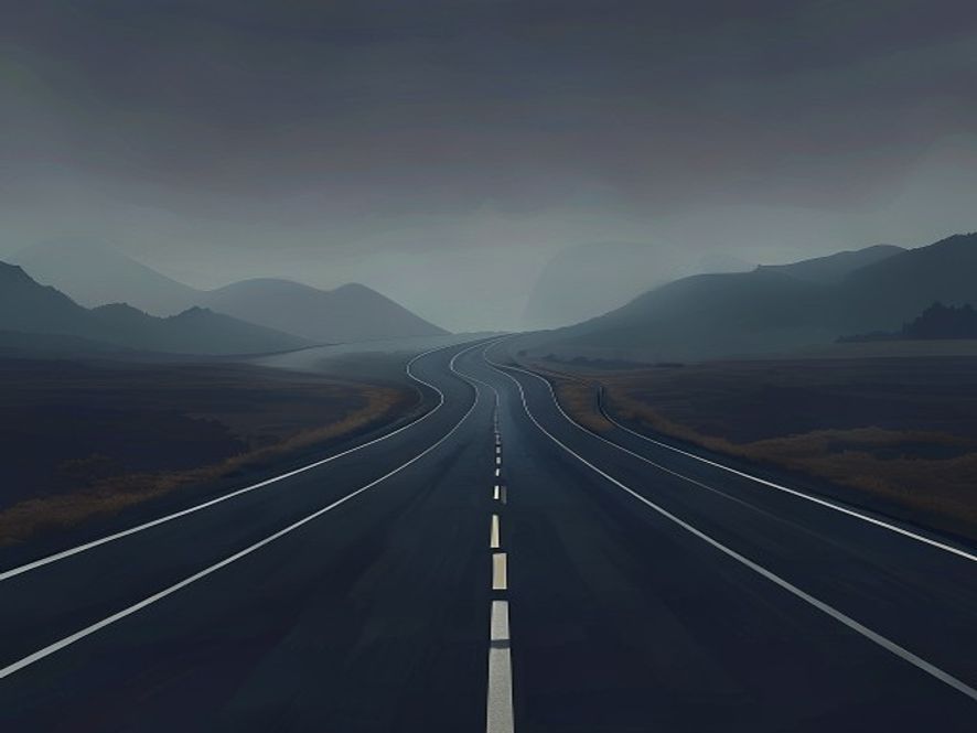 A cinematic, photorealistic 8k image featuring a lonely, winding highway stretching into a misty, twilight landscape, with a dramatic and somber atmosphere symbolizing political tension, accountability, and the search for truth in a major national infrastructure scandal.
