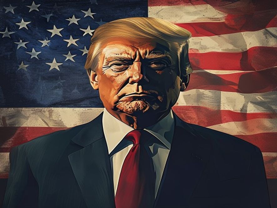 A cinematic, photorealistic 8k portrait of Donald Trump standing at a crossroads of global power, with one side reflecting cold, metallic industrial textures and the other showing subtle shadows of international flags, symbolizing an unpredictable and calculated diplomatic strategy, highly detailed, dramatic lighting.