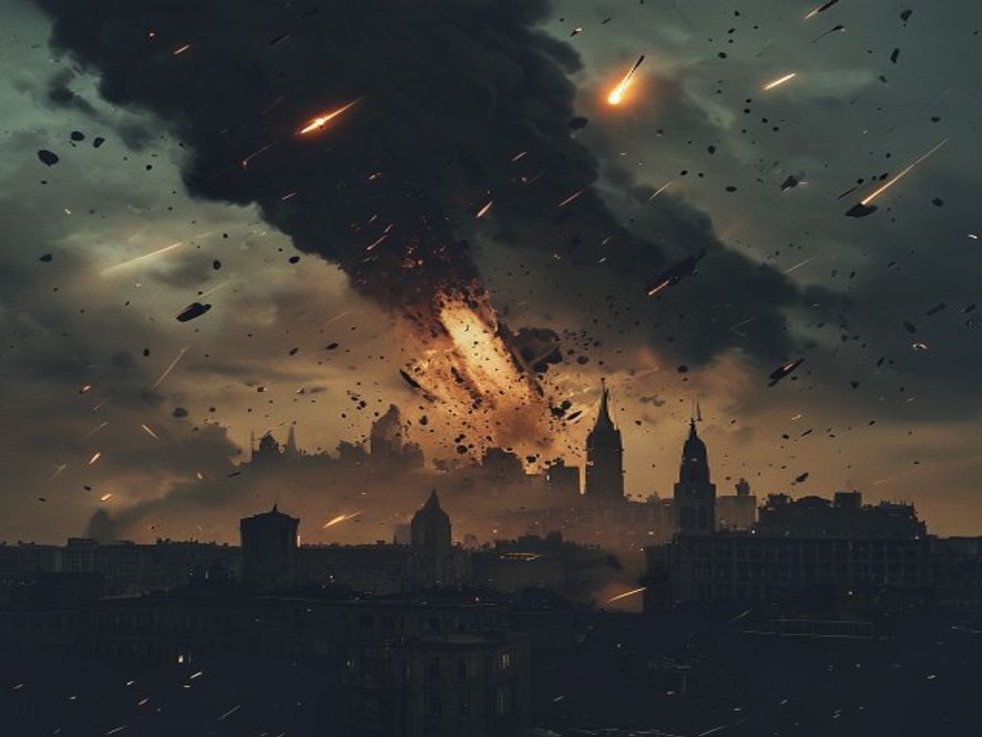 A cinematic, photorealistic 8k image of the wartorn skyline of Kyiv under a dark, smokefilled sky during an intense ballistic missile strike, featuring glowing debris and dramatic shadows, capturing the somber and heavy atmosphere of a modern geopolitical crisis.