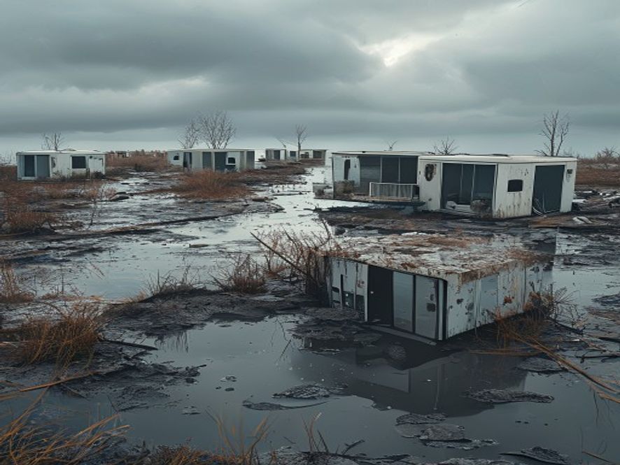 Cinematic and photorealistic 8k image showing damaged temporary modular housing units scattered and flooded in a desolate, mudfilled landscape after a heavy storm, conveying a sense of despair and the vulnerability of disaster survivors, dramatic lighting, high detail.