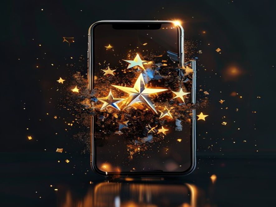 A cinematic, photorealistic 8k image showing a smartphone screen displaying glowing fivestar restaurant reviews that are crumbling into digital shards, revealing a hollow and deceptive dark background, symbolizing the fragility and manipulation of online misinformation.