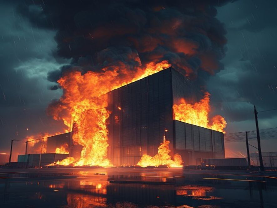 A cinematic and photorealistic 8k image showing a massive, towering logistics warehouse engulfed in intense flames under a dark, rainy night sky, with thick plumes of smoke billowing out to represent the structural risks hidden behind the convenience of rapid delivery, dramatic lighting, high contrast.