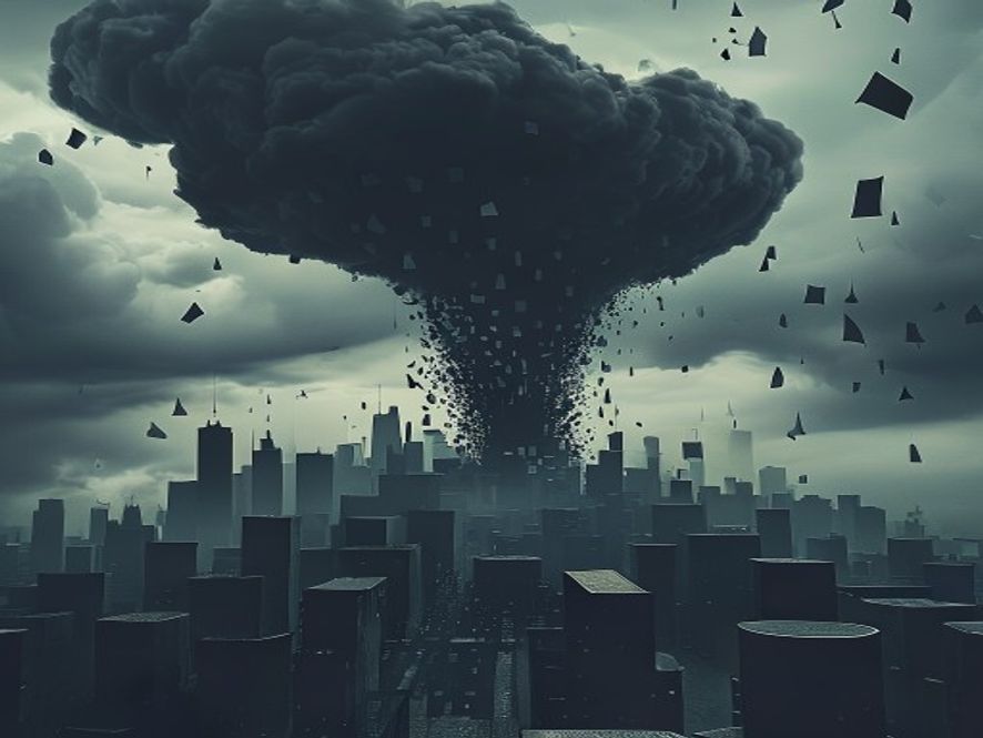 A cinematic, photorealistic 8k image showing a towering, dark storm cloud shaped like an oil barrel looming over a silhouette of a modern city skyline and a complex maze of falling dominoes, symbolizing economic instability, rising inflation, and geopolitical crisis, with a moody and tense atmosphere.
