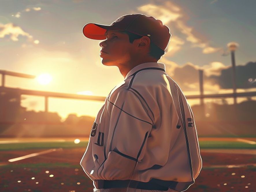 A cinematic, photorealistic 8k image featuring a determined young baseball player in a Baejae High School uniform standing on a sunlit professional baseball field, looking toward the horizon with a sense of hope and resilience, surrounded by the atmosphere of a renewed opportunity, dramatic lighting, high detail.