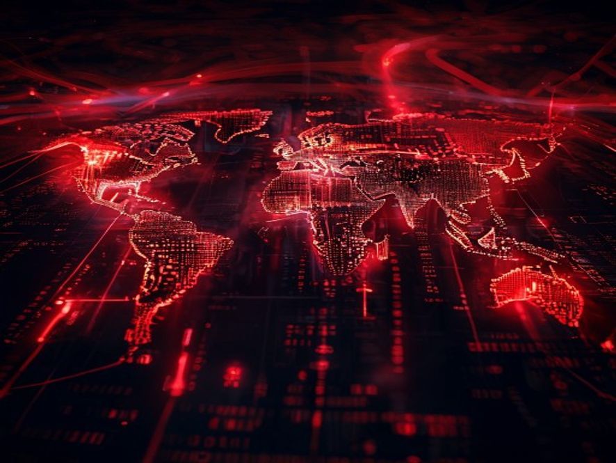 A cinematic and photorealistic 8k image of a glowing digital map of the world with mysterious, ominous red binary code streams piercing through the network, symbolizing a compromised national intelligence agency and exposed secret human assets in a tense, dark, and highstakes atmosphere.