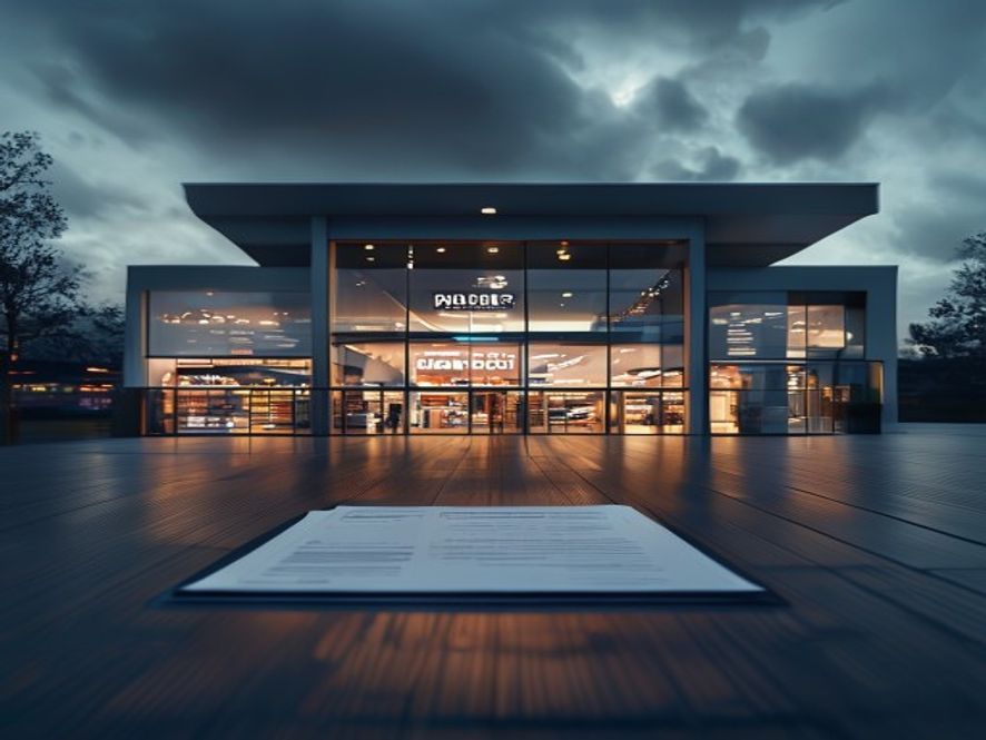 A cinematic, photorealistic 8k image featuring a massive, blurred Homeplus hypermarket storefront under a dramatic, moody sky, symbolizing a turning point in corporate recovery with sharp legal documents resting on a sleek table in the foreground, professional lighting, high contrast, and a sense of complex business uncertainty.