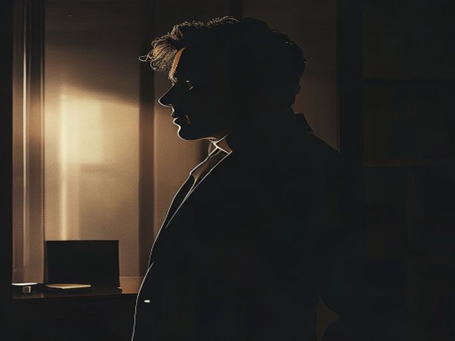 A cinematic, photorealistic 8k portrait of a silhouette standing in the deep shadows of a luxury office, depicting the tension of a fractured trust between a celebrity and a manager, moody lighting, noir atmosphere, high contrast, dramatic shadows, professional photography.